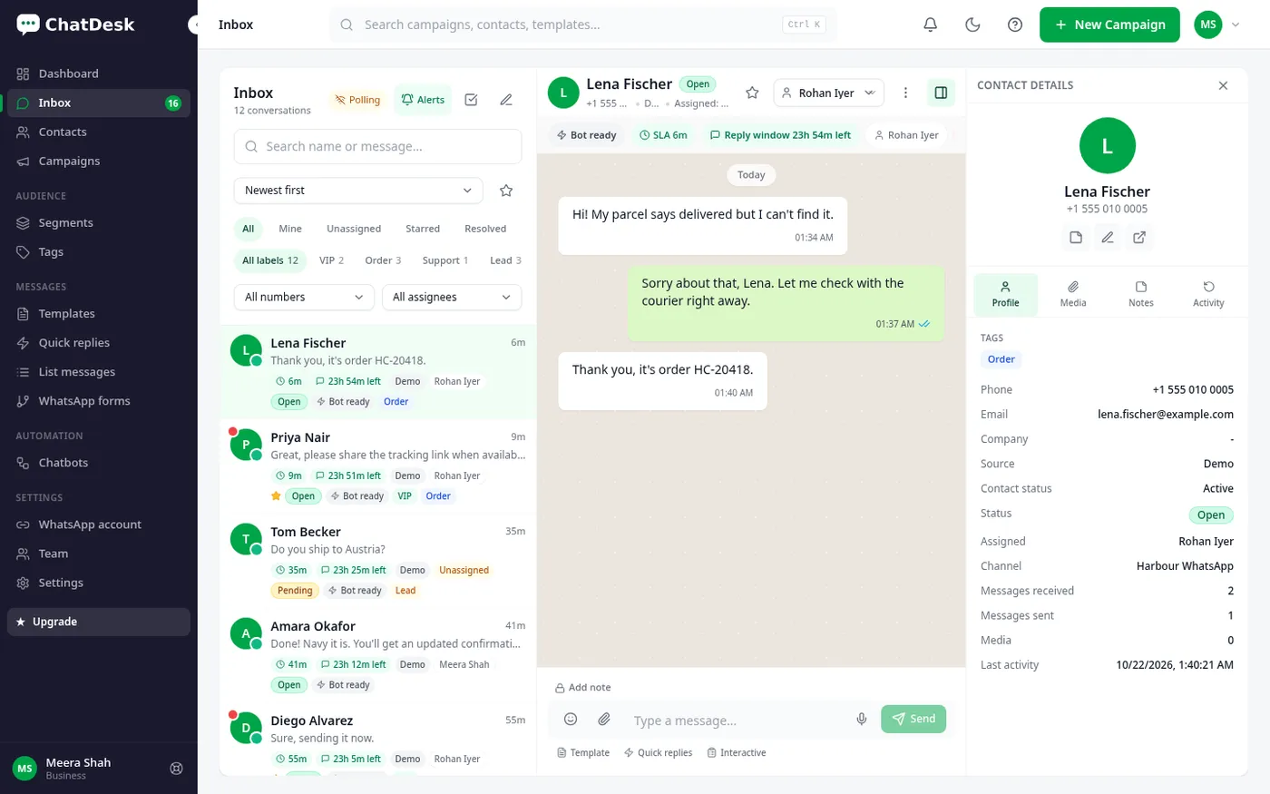 ChatDesk shared team inbox showing a customer conversation